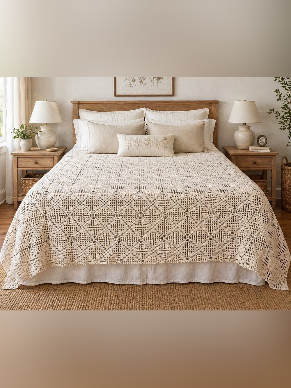 Vintage Hand-Crochet Coverlet Bedspread Photography Prop Full Size 83" X 73"
